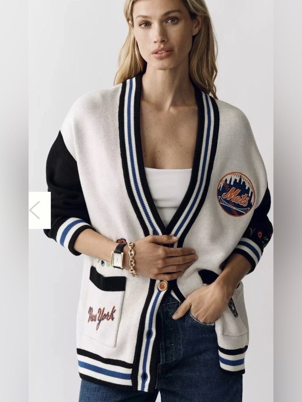 NY Mets Womens Varsity Cardigan Jacket in White & Black